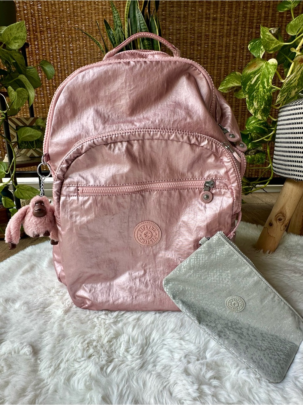 Kipling Pink Metallic Backpack with Silver Pouch